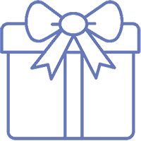 Geometric gift box with a blue outline and large bow, depicted with a slight 3D angle.