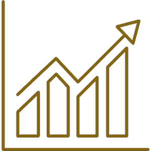 Icon of a bar chart with three ascending bars and two line graphs. Two lines intersect, the first peaks at the top of the middle bar, the second peaks at the last bar and extends into an upward arrow, suggesting growth.