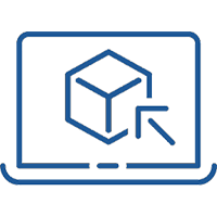 Icon of a laptop screen displaying a 3D cube with a large cursor pointing towards it.
